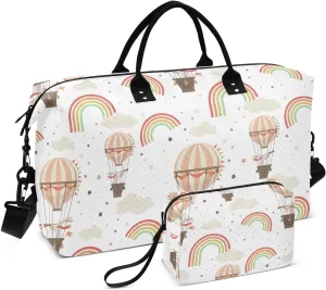 VIGTRO Travel Duffel Bag Weekender Overnight Bag with Toiletry Bag §³ute Rabbit Flying Hot Air Balloon Printed, Carry On Luggage Bag for Hospital Gym Travel Business, 2 Pcs Set