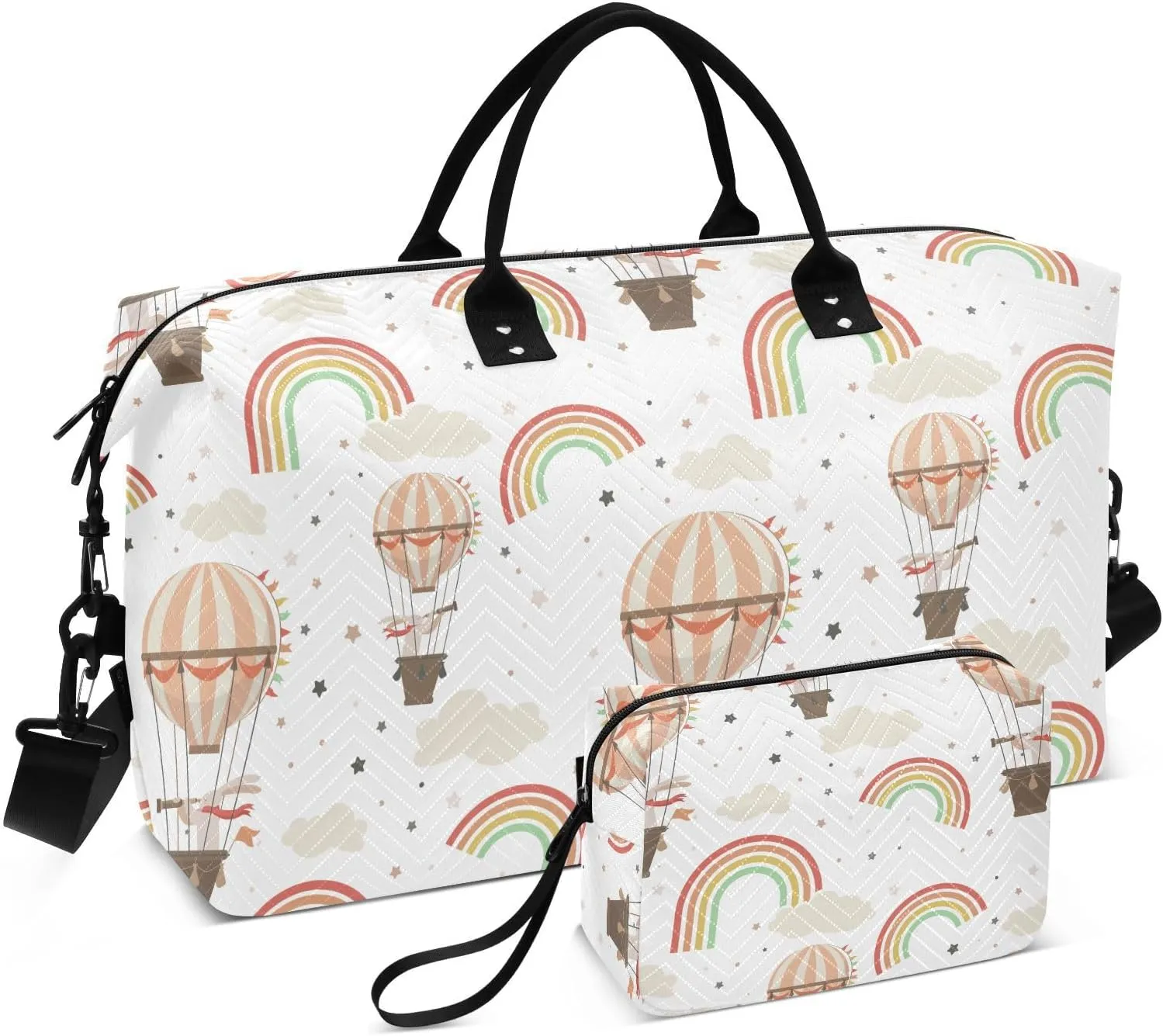 VIGTRO Travel Duffel Bag Weekender Overnight Bag with Toiletry Bag §³ute Rabbit Flying Hot Air Balloon Printed, Carry On Luggage Bag for Hospital Gym Travel Business, 2 Pcs Set