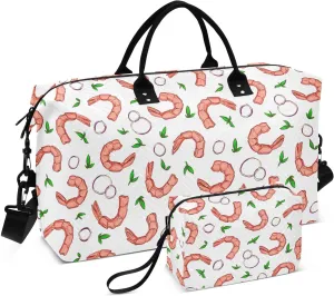 VIGTRO Weekender Bag Travel Duffle Bag for Women Men Shrimps Onions and Basil Printed, Overnight Bag for Gym Work with Toiletry Bag, Colorful Food 2 PCS Set