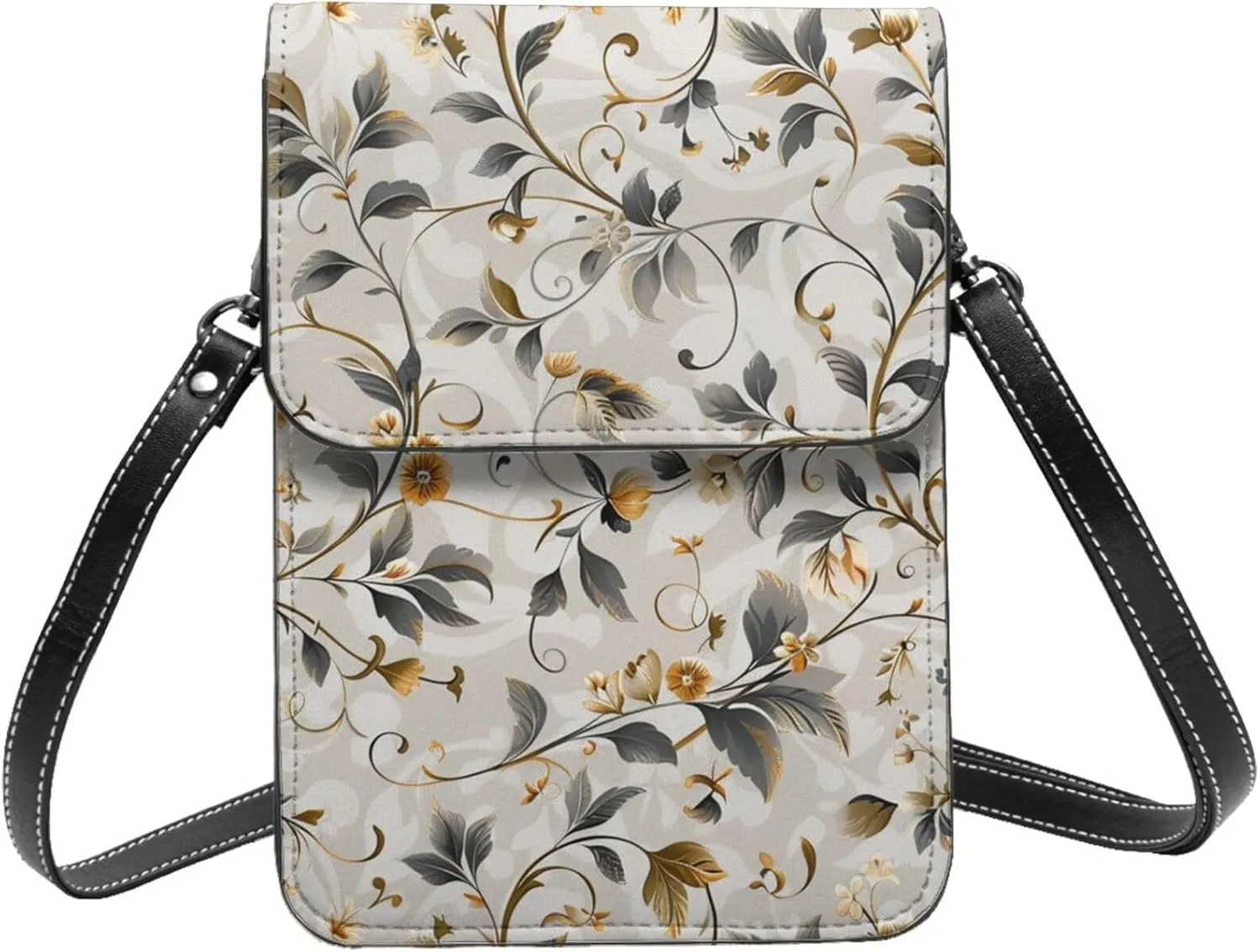 Vintage floral elegant swirls and leaves grey and gold Leather Small Crossbody Bags for Women Cell Phone Bag Wallet Purses with Adjustable Strap