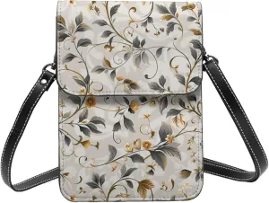 Vintage floral elegant swirls and leaves grey and gold Leather Small Crossbody Bags for Women Cell Phone Bag Wallet Purses with Adjustable Strap