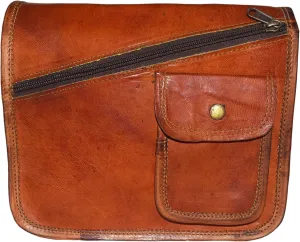 Vintage Goat Leather Bags, iPad Messenger Bags for Men and Women, Cross Body Sling Unisex Travel Bags with Handlebar - Brown color