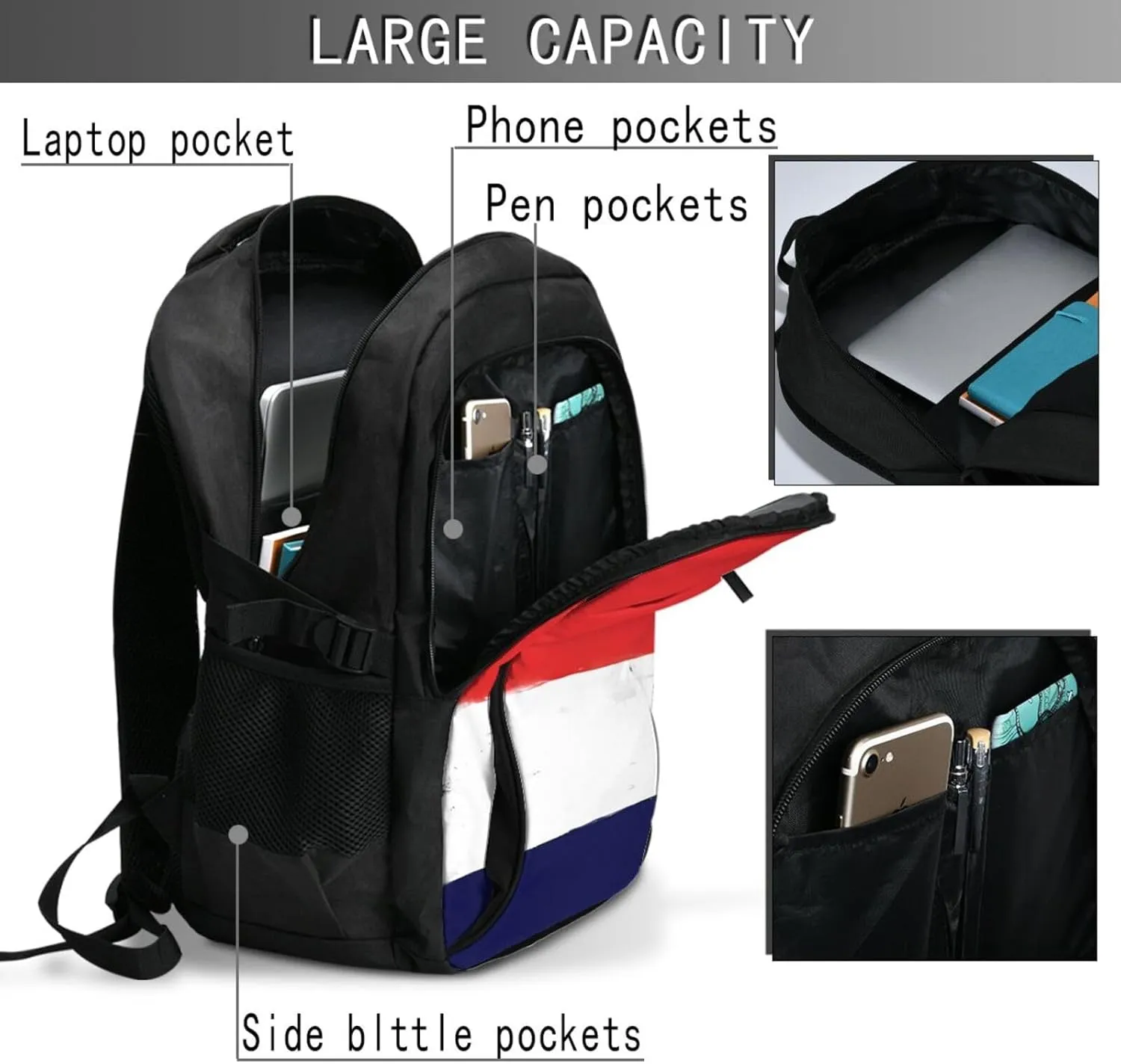 Vintage Netherlands Holland Flag Travel Backpacks Casual Backpack Large Capacity Laptop Rucksack Luggage Daypacks with USB Charging Port Multi-Pockets Bags for Hiking