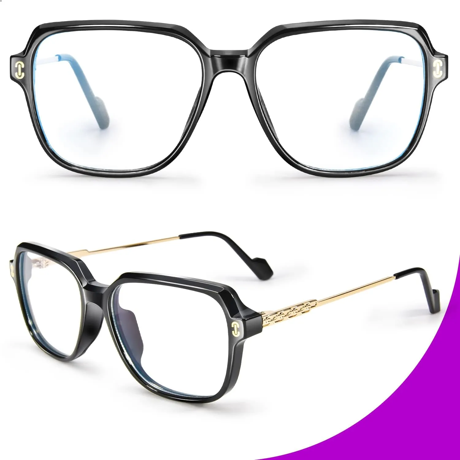 VISOONE 2 Pack Oversized Blue Light Blocking Glasses with Chic Square TR90 Frame and Metal Temple for Women Men REMY