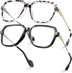 VISOONE 2 Pack Oversized Blue Light Blocking Glasses with Chic Square TR90 Frame and Metal Temple for Women Men REMY
