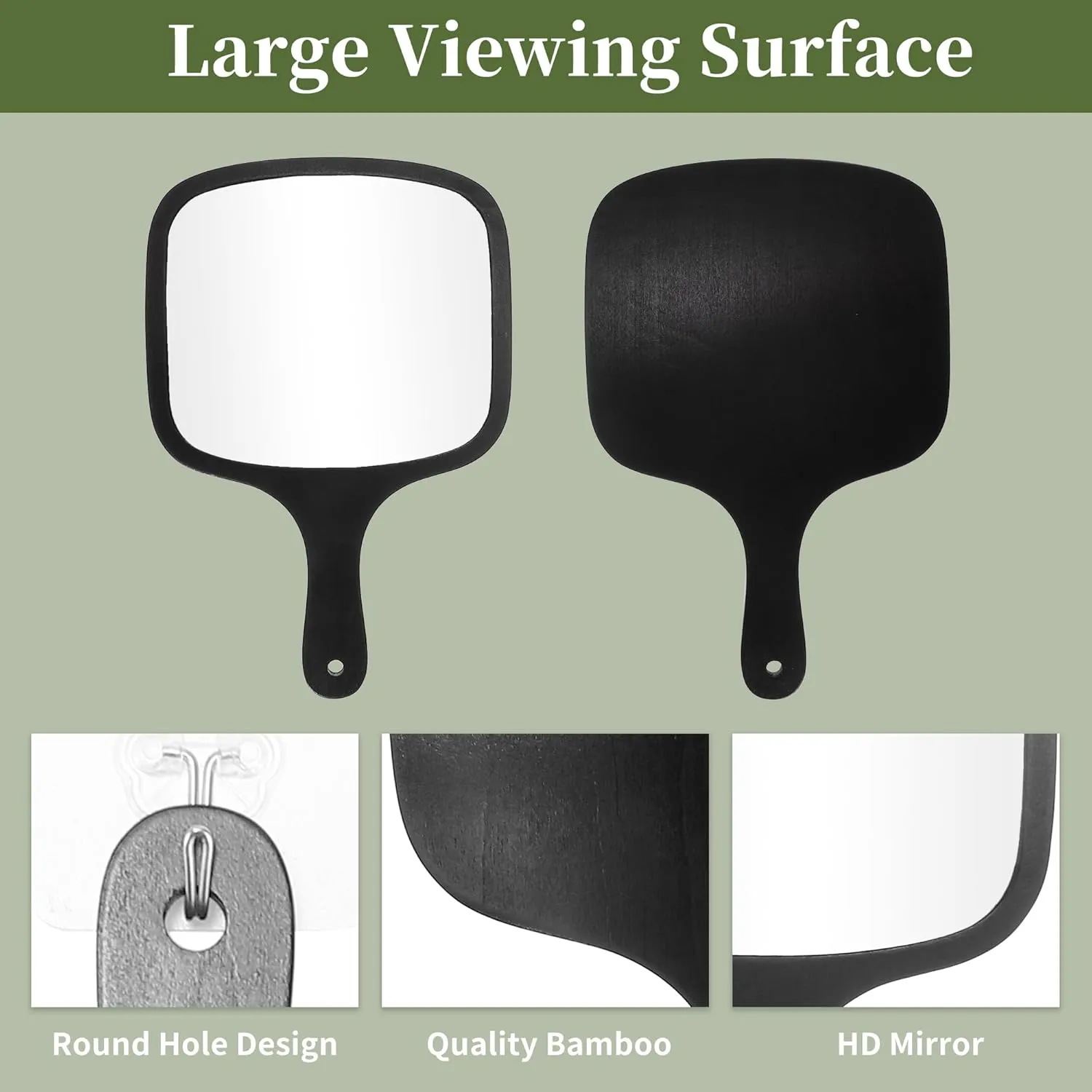 VOCOSTE Hand Mirror with Handle, Bamboo Handheld Mirror, Single-Sided Hand Mirror, Hand Held Mirror for Men Shaving, Portable Mirror, 8.7" W x 12.8" L, Black