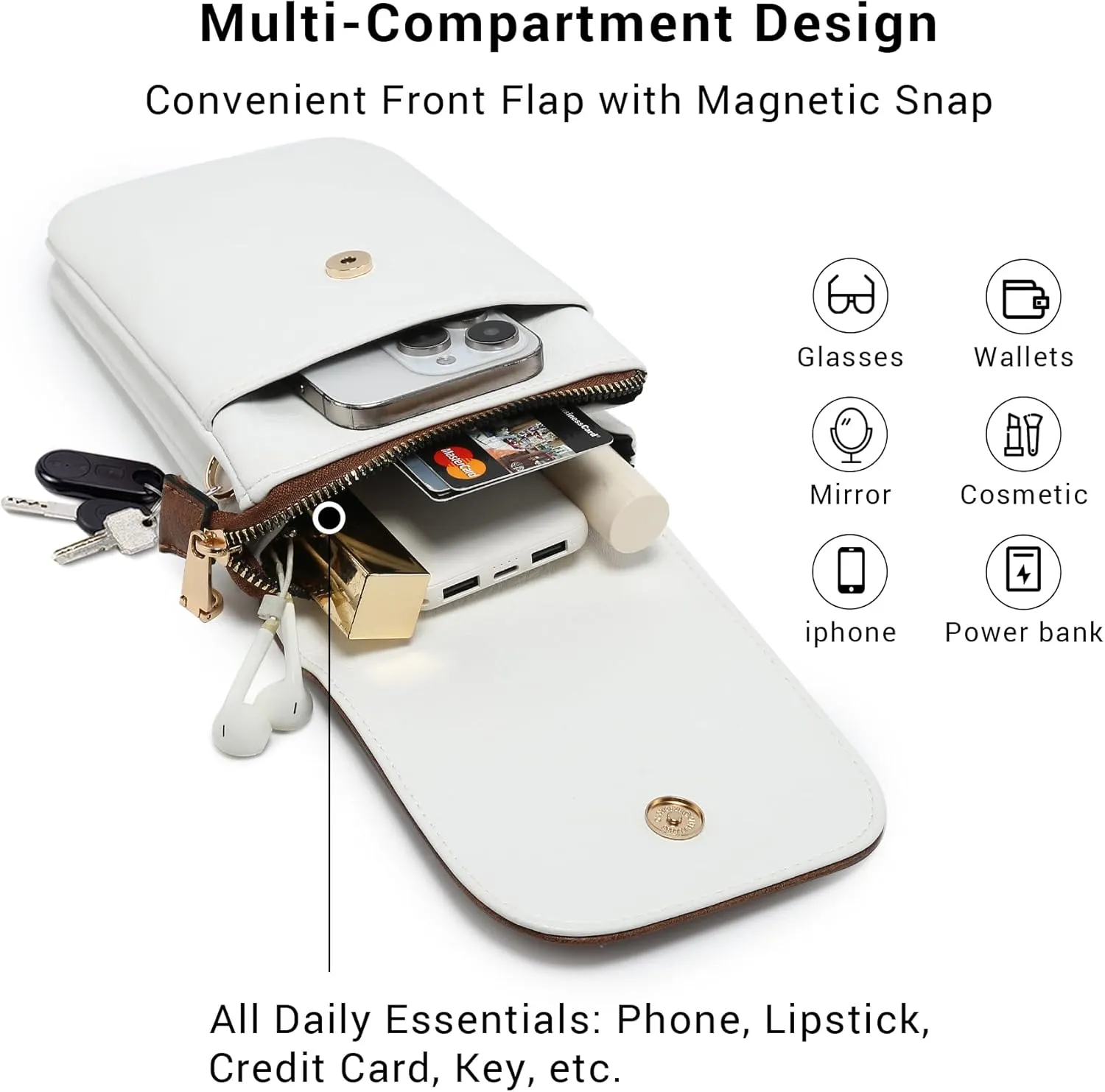 VONMAY Vegan Leather Small Crossbody Bags for Women, 3 Compartment Cell Phone Wallet Purses with Adjustable Guitar Strap