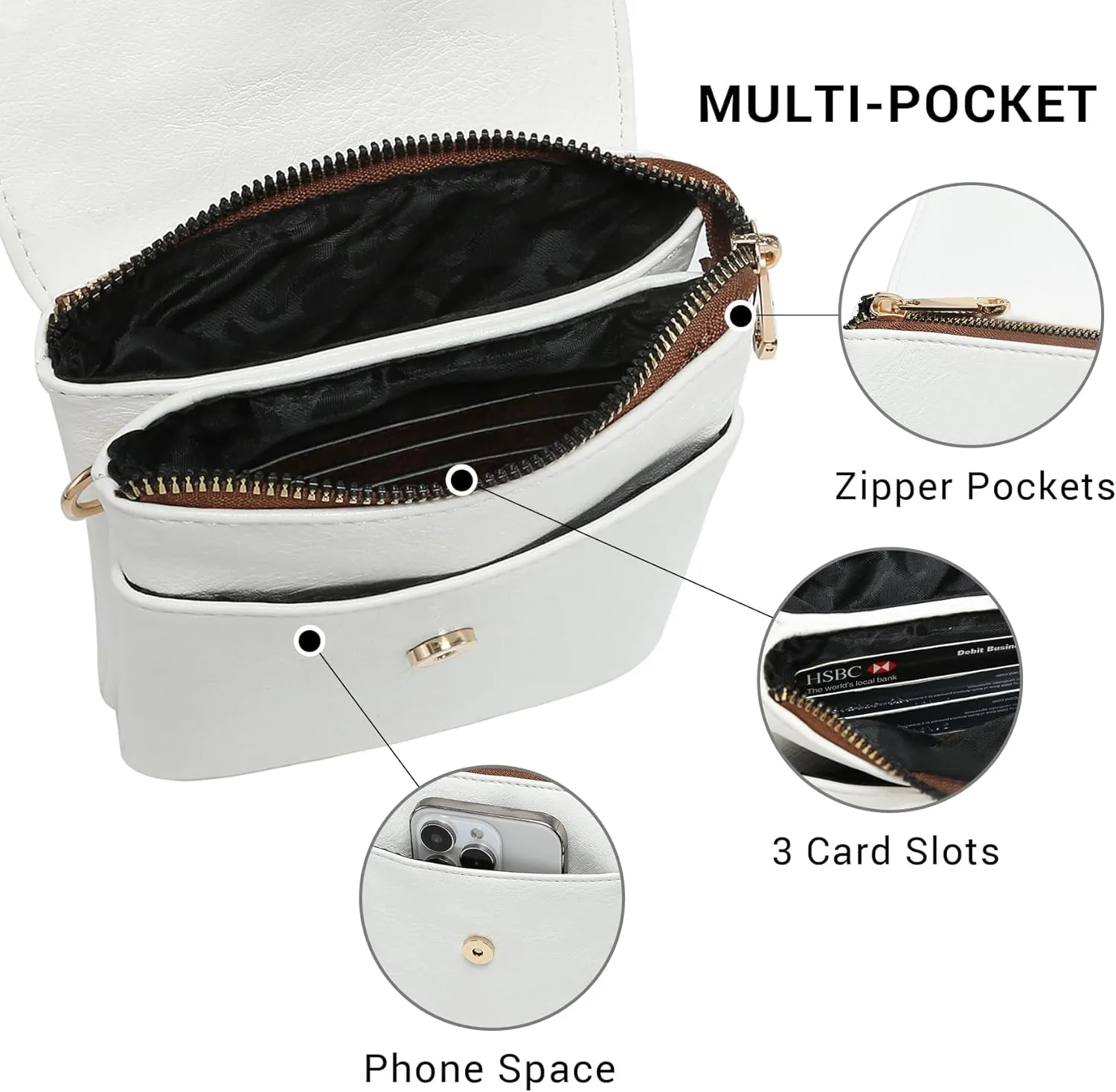 VONMAY Vegan Leather Small Crossbody Bags for Women, 3 Compartment Cell Phone Wallet Purses with Adjustable Guitar Strap