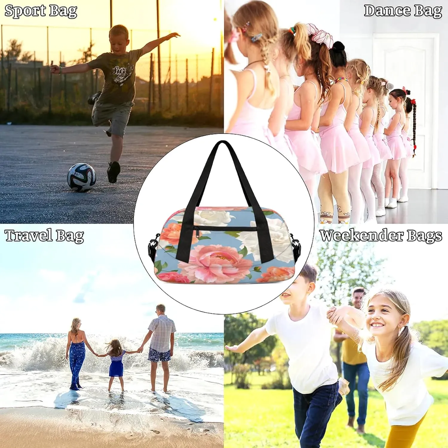 Watercolor Flowers Print Kids Duffel Bag Lightweight Waterproof Sports Gym Bag with Front Zipper Pocket Foldable Weekender Overnight Bag for School Practice Gymnastic Ballet