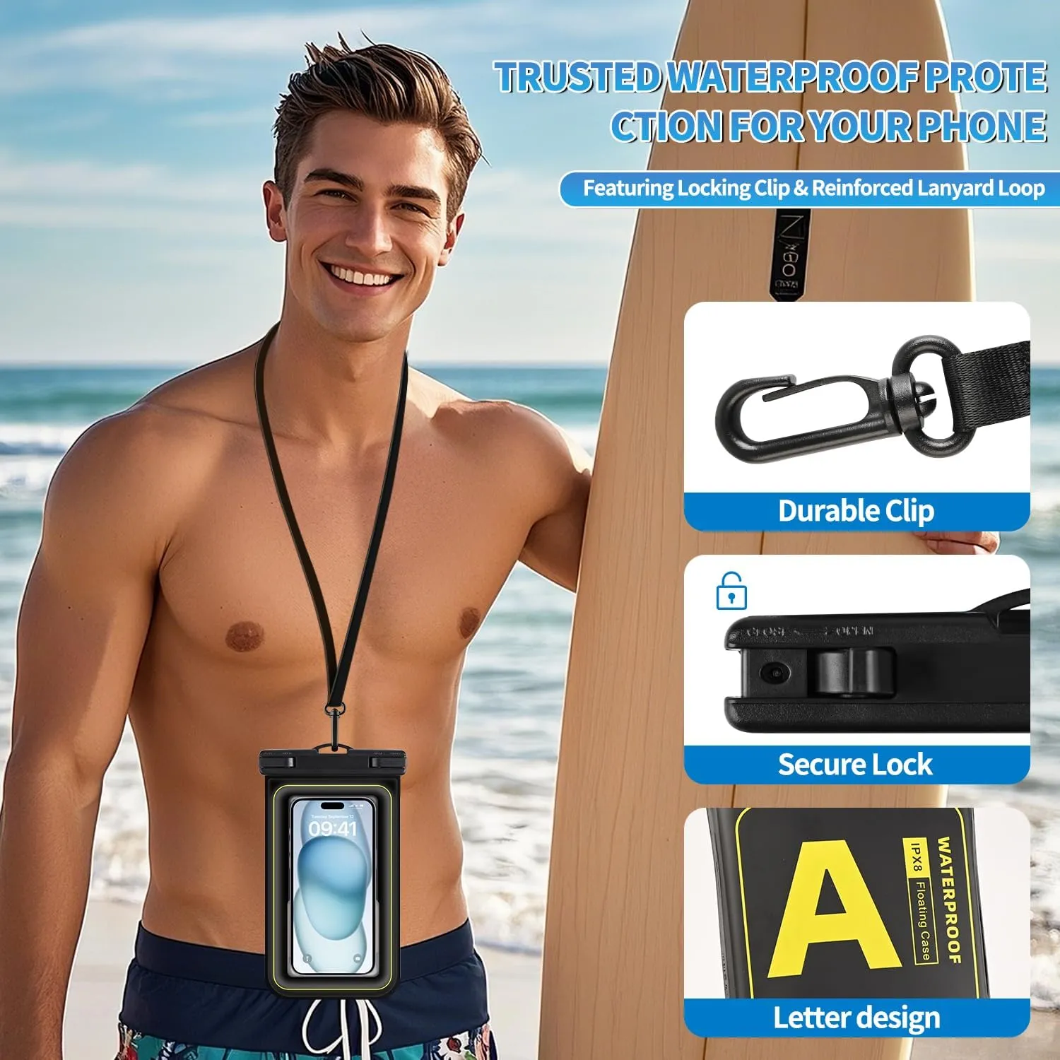 Waterproof Phone Pouch, IPX8 Floating Waterproof Phone Case Fits 6.8″Phones, Letter Design Waterproof Bag Cruise Ship Travel Beach Essentials（Black