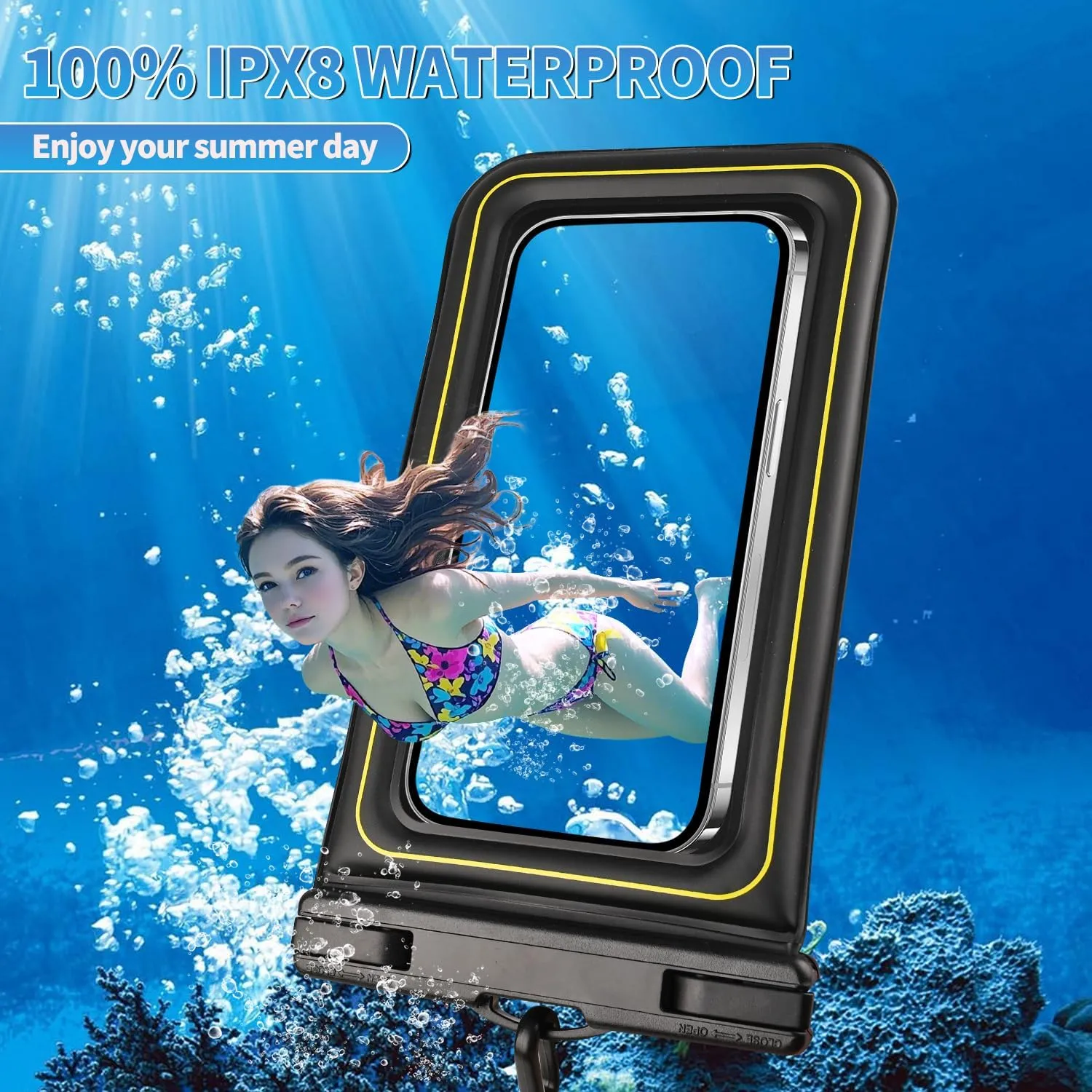 Waterproof Phone Pouch, IPX8 Floating Waterproof Phone Case Fits 6.8″Phones, Letter Design Waterproof Bag Cruise Ship Travel Beach Essentials（Black