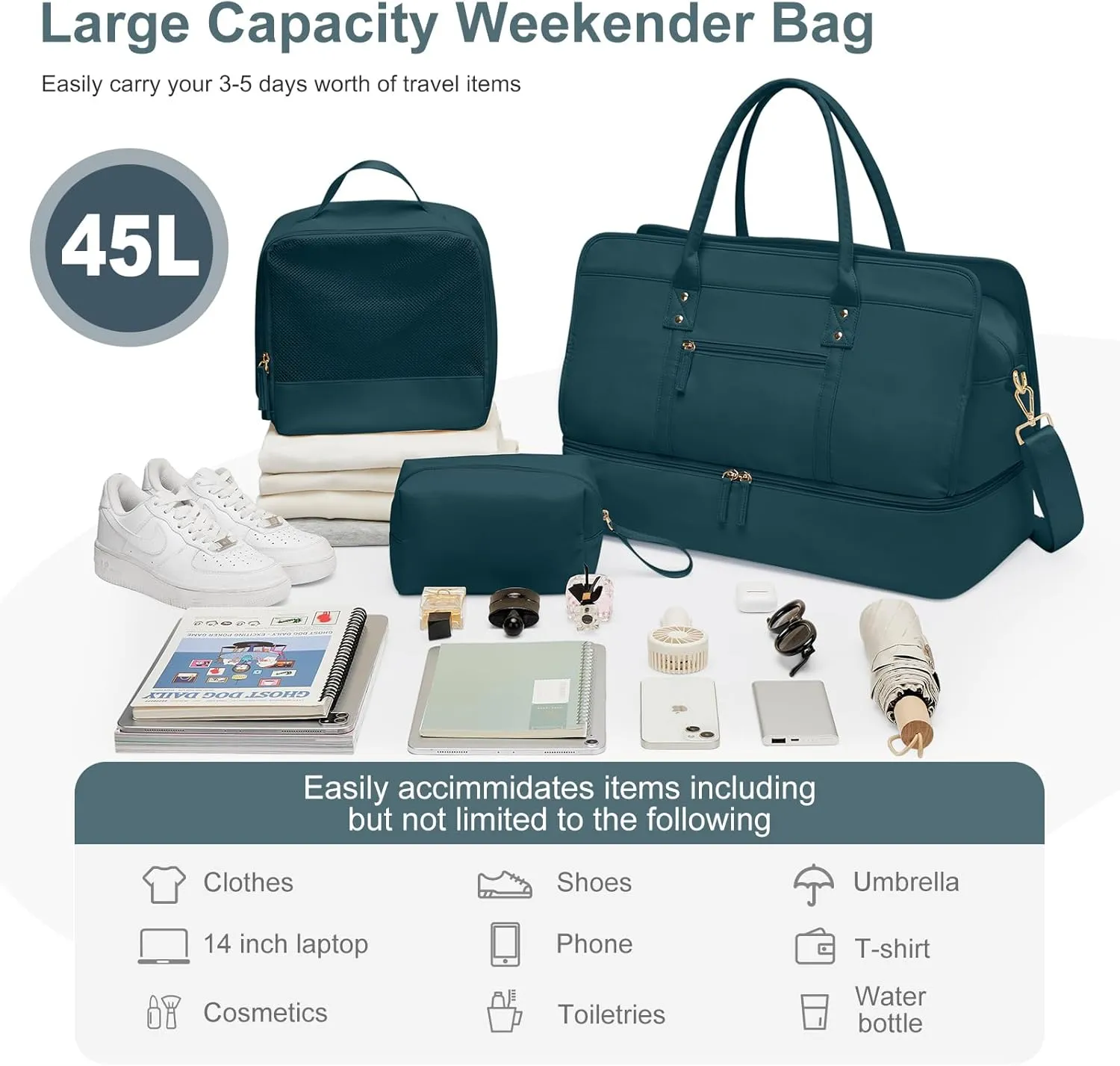 Weekender Bags for Women Travel, Travel Bag with Shoe Compartment, Overnight Duffel Bag with Wet Pocket & Trolley Sleeve