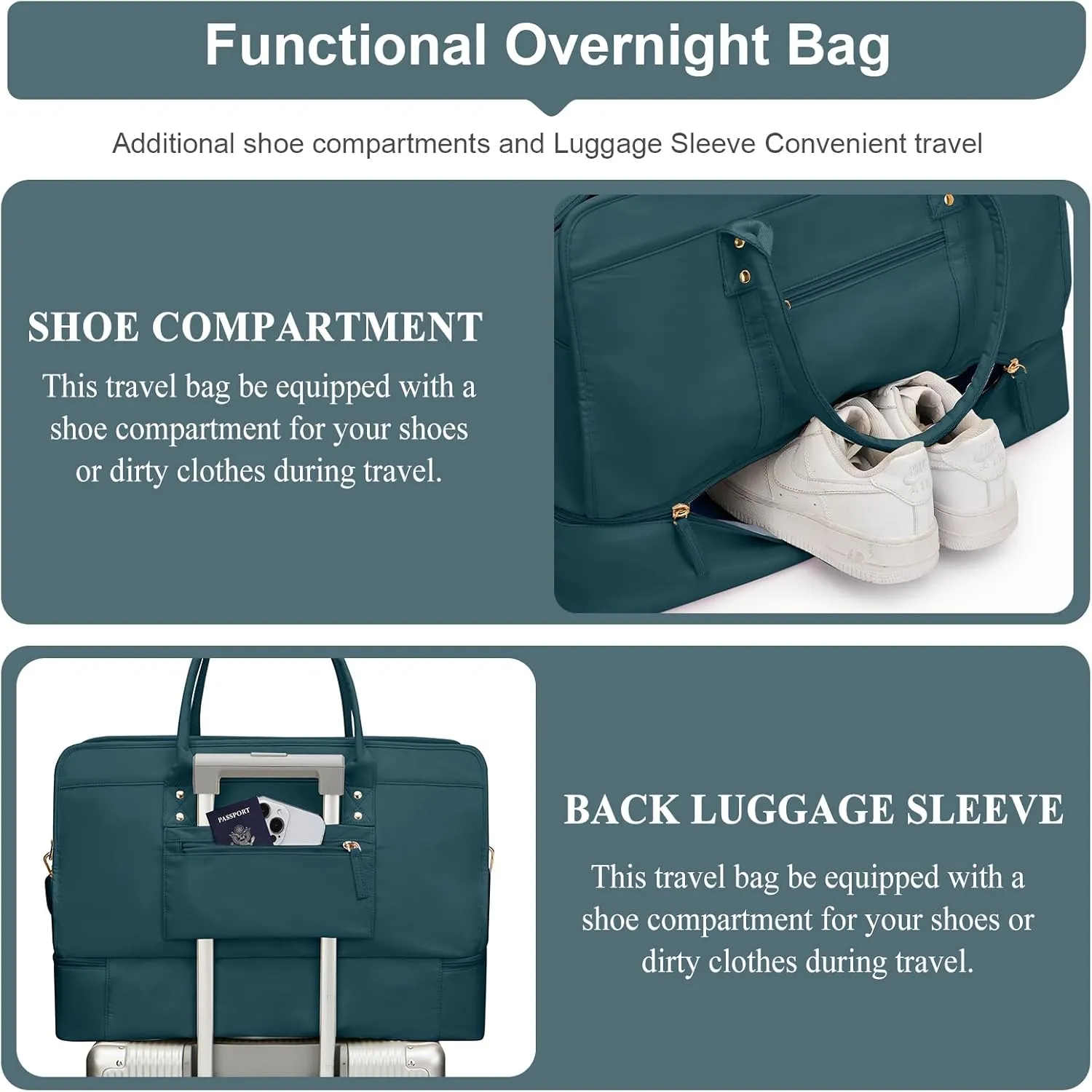Weekender Bags for Women Travel, Travel Bag with Shoe Compartment, Overnight Duffel Bag with Wet Pocket & Trolley Sleeve