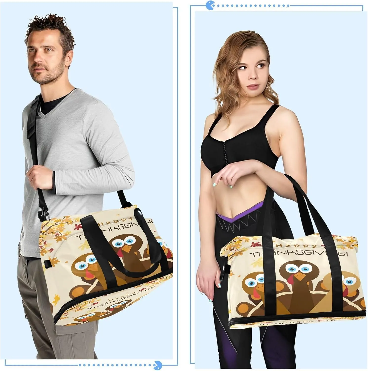 Weekender Overnight Bags for Women Happy Thanksgiving Travel Duffel Bag with Shoe Compartments Cartoon Turkey Gym Duffel Bag with Toiletry Bag for Travel Sport Yoga 17 Inch