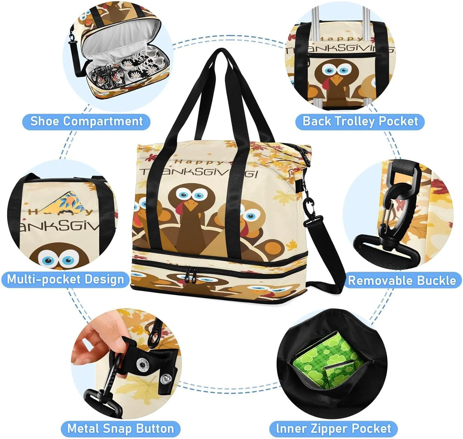 Weekender Overnight Bags for Women Happy Thanksgiving Travel Duffel Bag with Shoe Compartments Cartoon Turkey Gym Duffel Bag with Toiletry Bag for Travel Sport Yoga 17 Inch