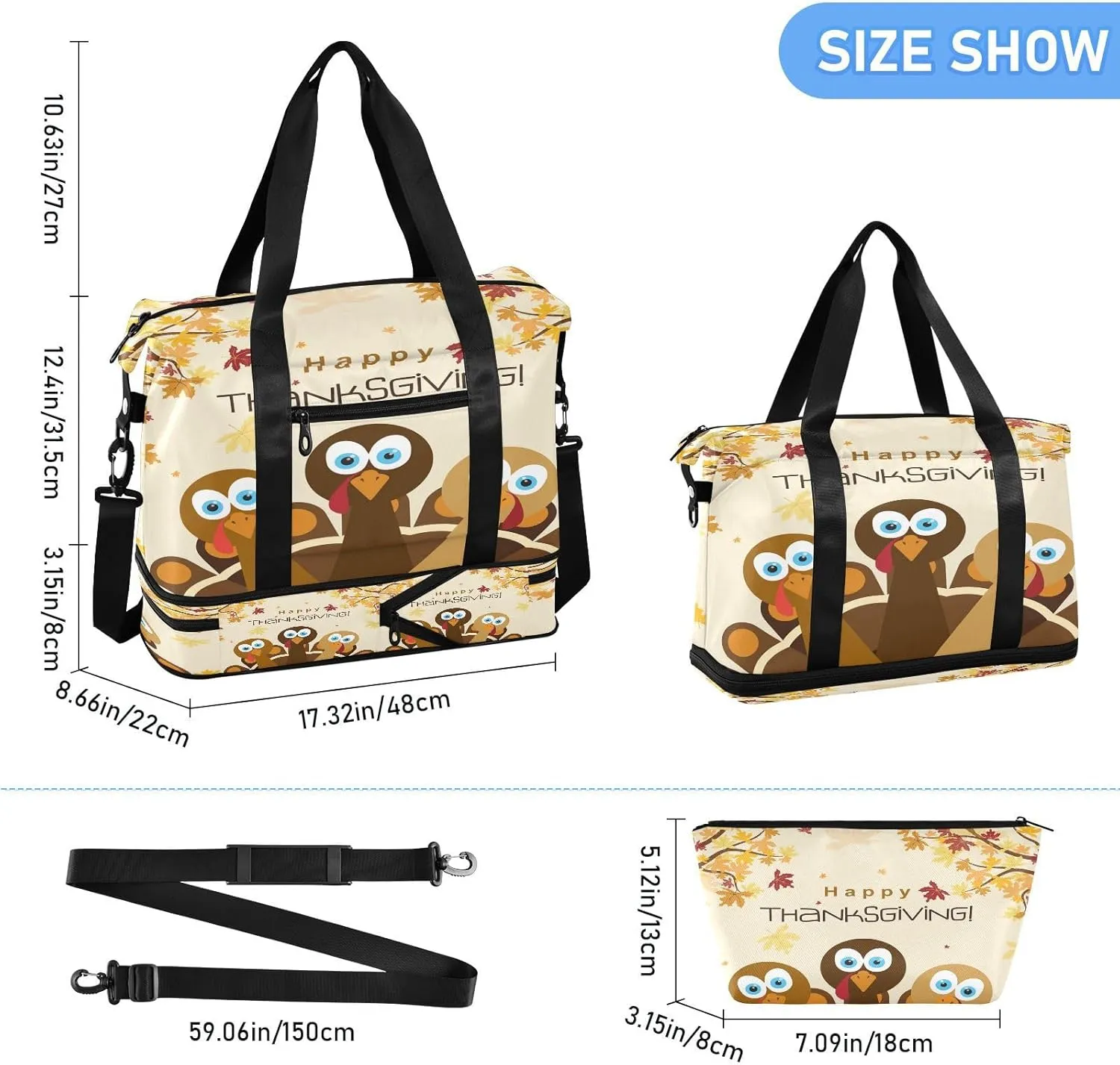 Weekender Overnight Bags for Women Happy Thanksgiving Travel Duffel Bag with Shoe Compartments Cartoon Turkey Gym Duffel Bag with Toiletry Bag for Travel Sport Yoga 17 Inch