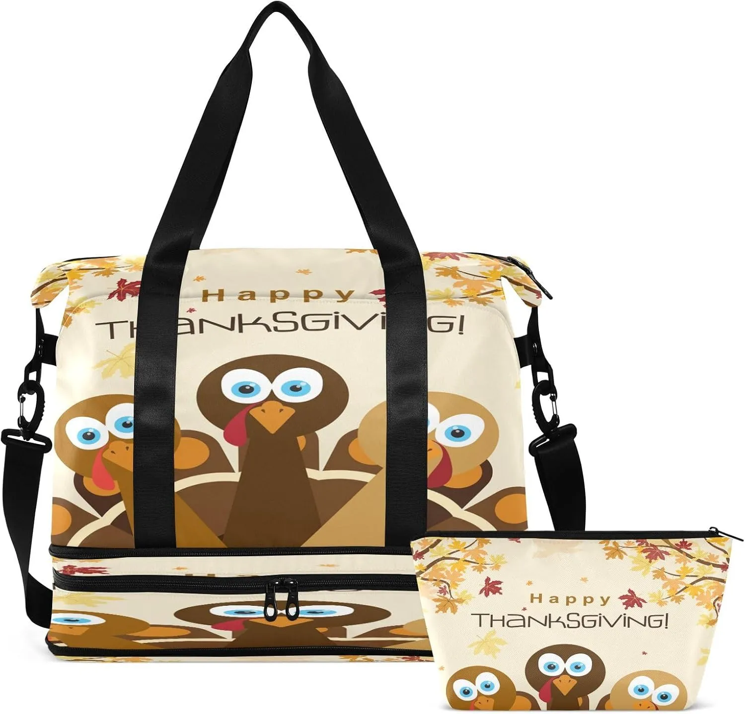 Weekender Overnight Bags for Women Happy Thanksgiving Travel Duffel Bag with Shoe Compartments Cartoon Turkey Gym Duffel Bag with Toiletry Bag for Travel Sport Yoga 17 Inch