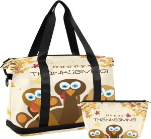 Weekender Overnight Bags for Women Happy Thanksgiving Travel Duffel Bag with Shoe Compartments Cartoon Turkey Gym Duffel Bag with Toiletry Bag for Travel Sport Yoga 17 Inch