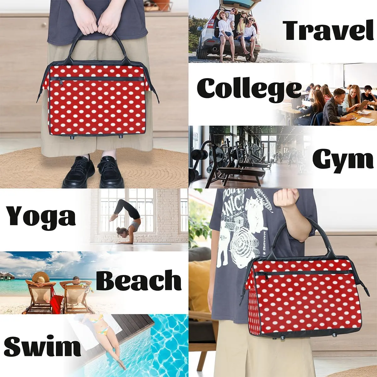 White Polka Dot Red Background Gym Bag for Women Men, Travel Sports Duffel Bag with Trolley Sleeve, Waterproof Sports Gym Weekender Overnight Carry On Tote Bag for Travel Gym Sport