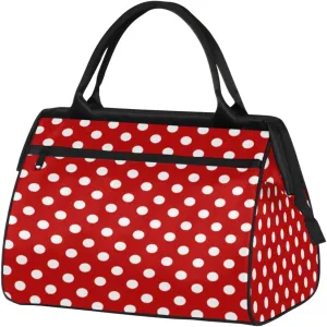White Polka Dot Red Background Gym Bag for Women Men, Travel Sports Duffel Bag with Trolley Sleeve, Waterproof Sports Gym Weekender Overnight Carry On Tote Bag for Travel Gym Sport