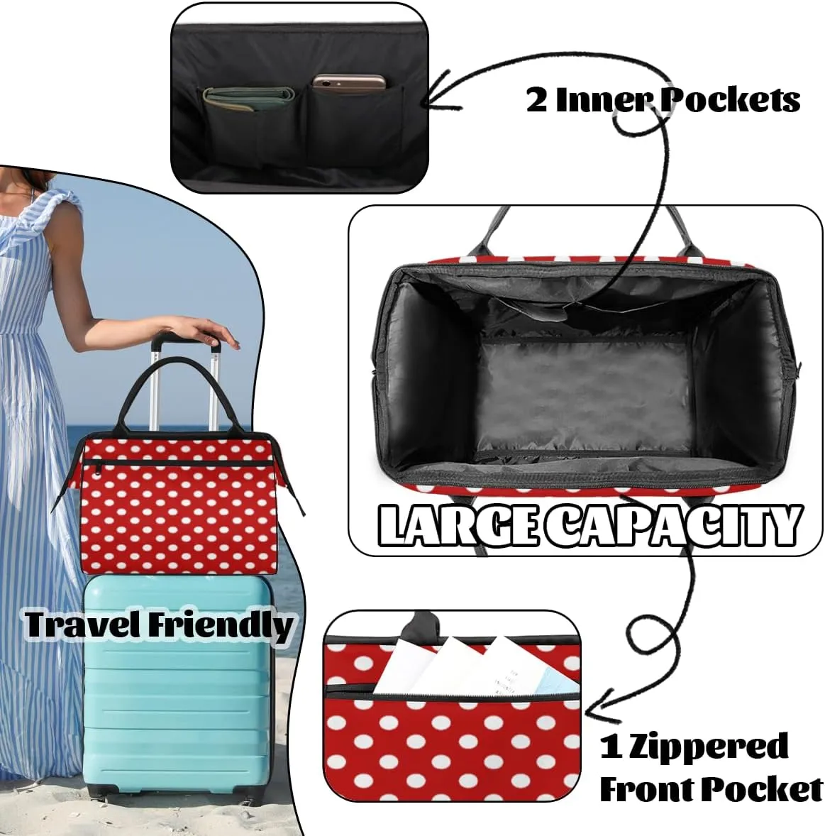 White Polka Dot Red Background Gym Bag for Women Men, Travel Sports Duffel Bag with Trolley Sleeve, Waterproof Sports Gym Weekender Overnight Carry On Tote Bag for Travel Gym Sport