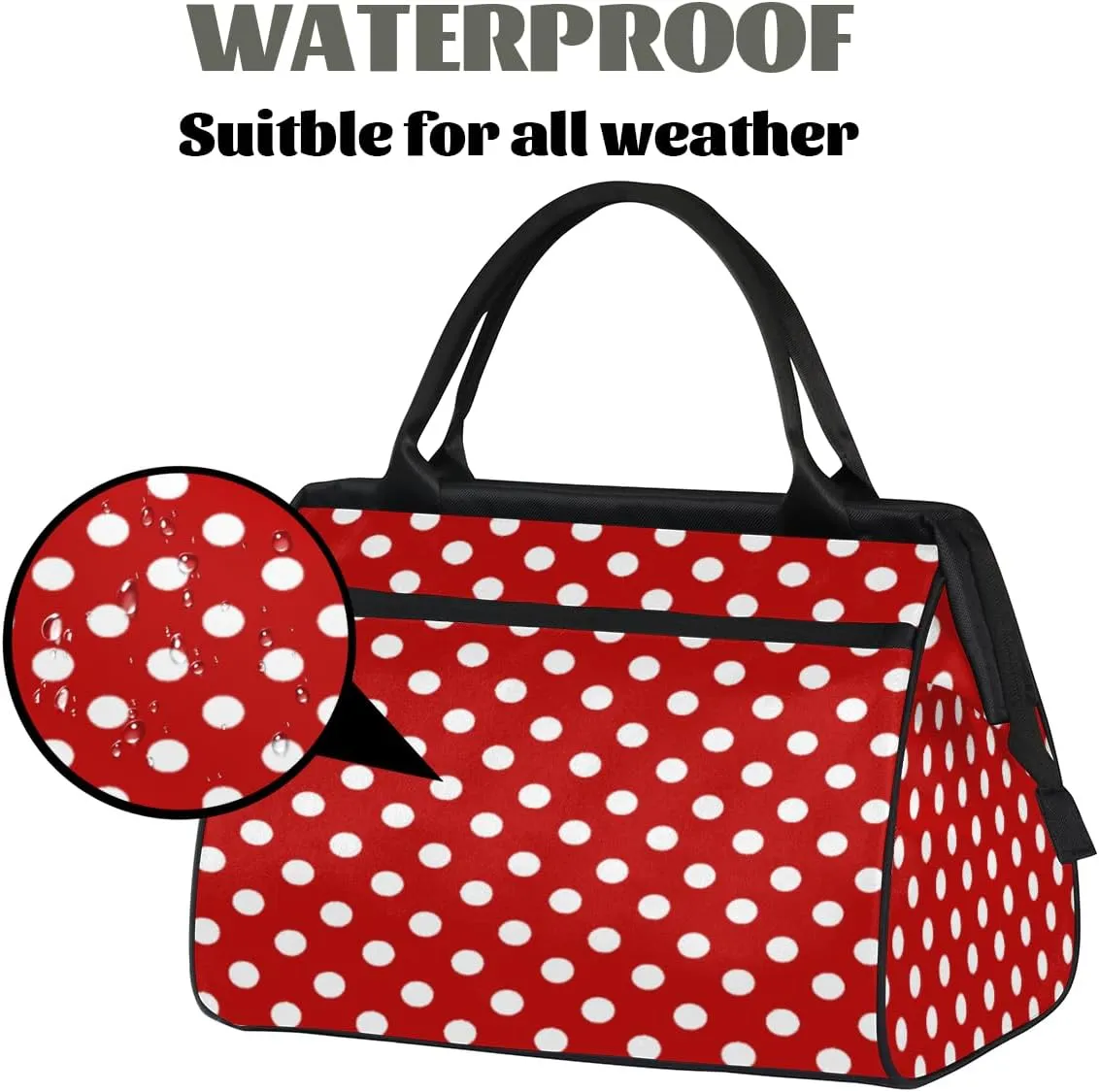 White Polka Dot Red Background Gym Bag for Women Men, Travel Sports Duffel Bag with Trolley Sleeve, Waterproof Sports Gym Weekender Overnight Carry On Tote Bag for Travel Gym Sport