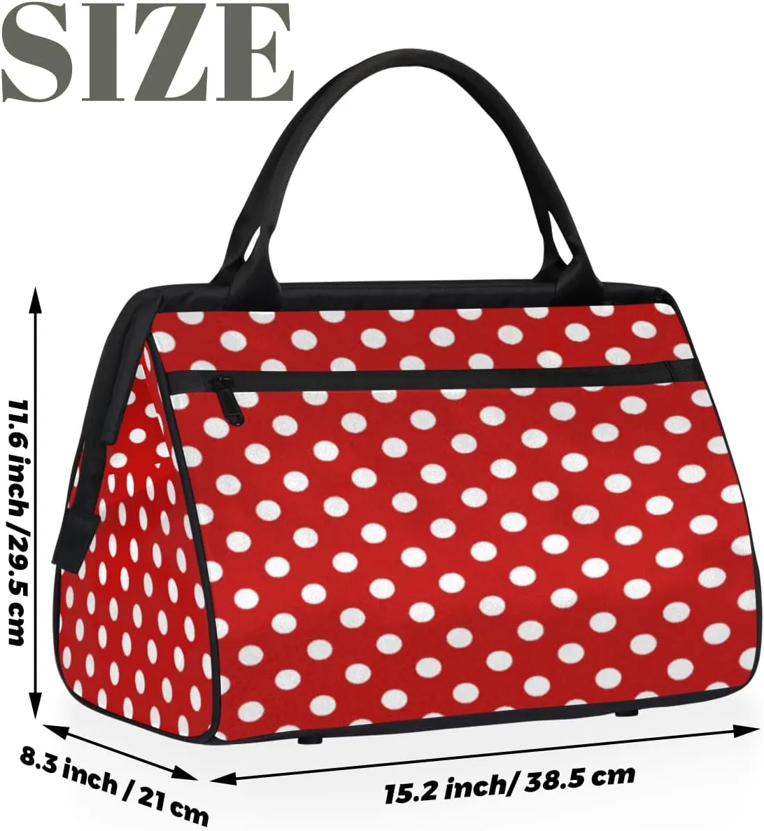 White Polka Dot Red Background Gym Bag for Women Men, Travel Sports Duffel Bag with Trolley Sleeve, Waterproof Sports Gym Weekender Overnight Carry On Tote Bag for Travel Gym Sport