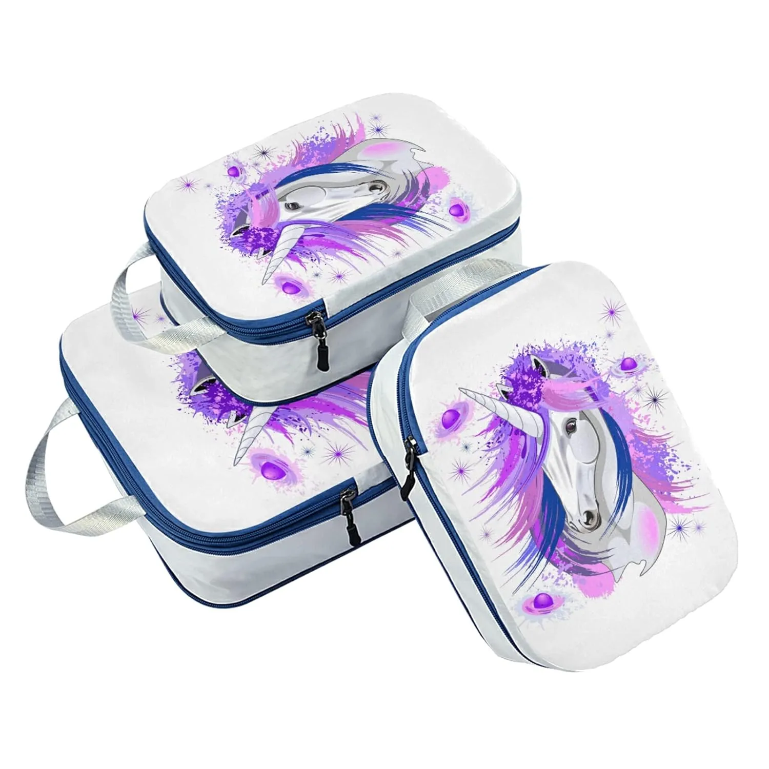 White Unicorn Pink and Purple Style on White 3 Piece set Cubes Expandable Adjustable Luggage Packing Bags, Ultralight Organizer Accessories Travel Suitcase Compressible Bags