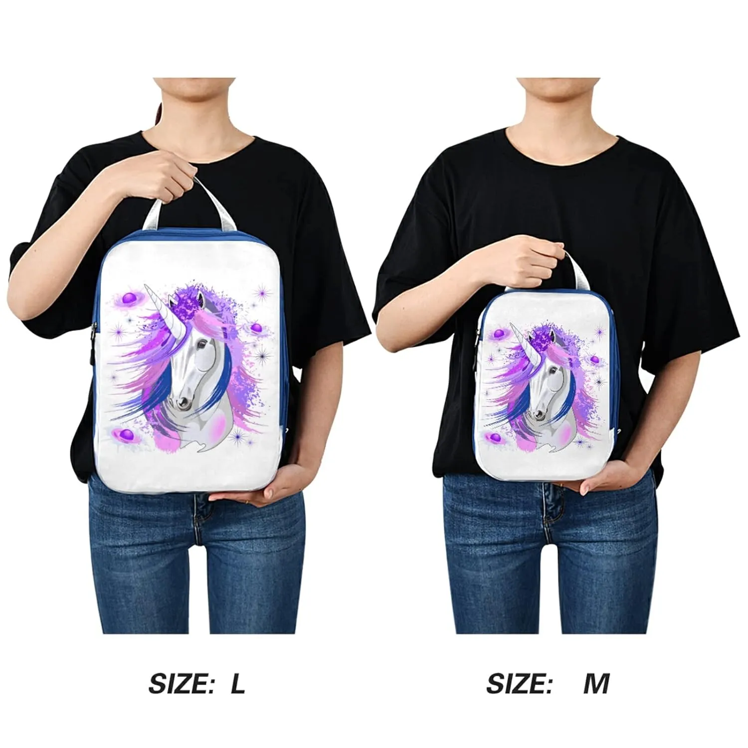 White Unicorn Pink and Purple Style on White 3 Piece set Cubes Expandable Adjustable Luggage Packing Bags, Ultralight Organizer Accessories Travel Suitcase Compressible Bags