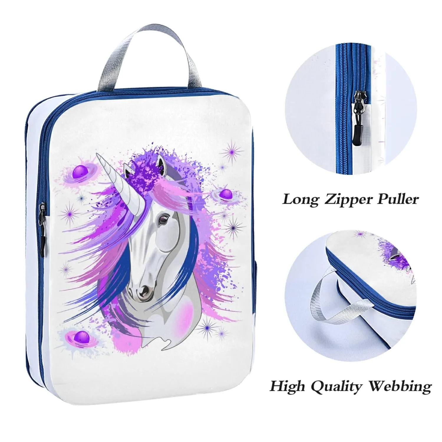 White Unicorn Pink and Purple Style on White 3 Piece set Cubes Expandable Adjustable Luggage Packing Bags, Ultralight Organizer Accessories Travel Suitcase Compressible Bags