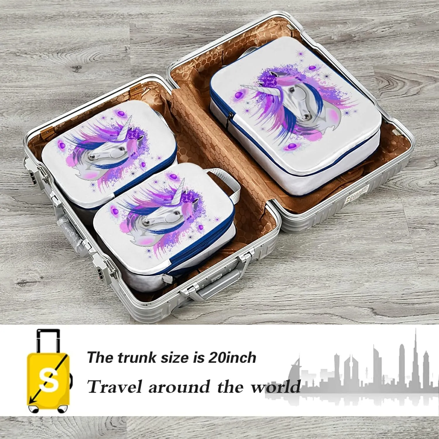 White Unicorn Pink and Purple Style on White 3 Piece set Cubes Expandable Adjustable Luggage Packing Bags, Ultralight Organizer Accessories Travel Suitcase Compressible Bags