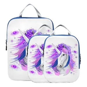 White Unicorn Pink and Purple Style on White 3 Piece set Cubes Expandable Adjustable Luggage Packing Bags, Ultralight Organizer Accessories Travel Suitcase Compressible Bags