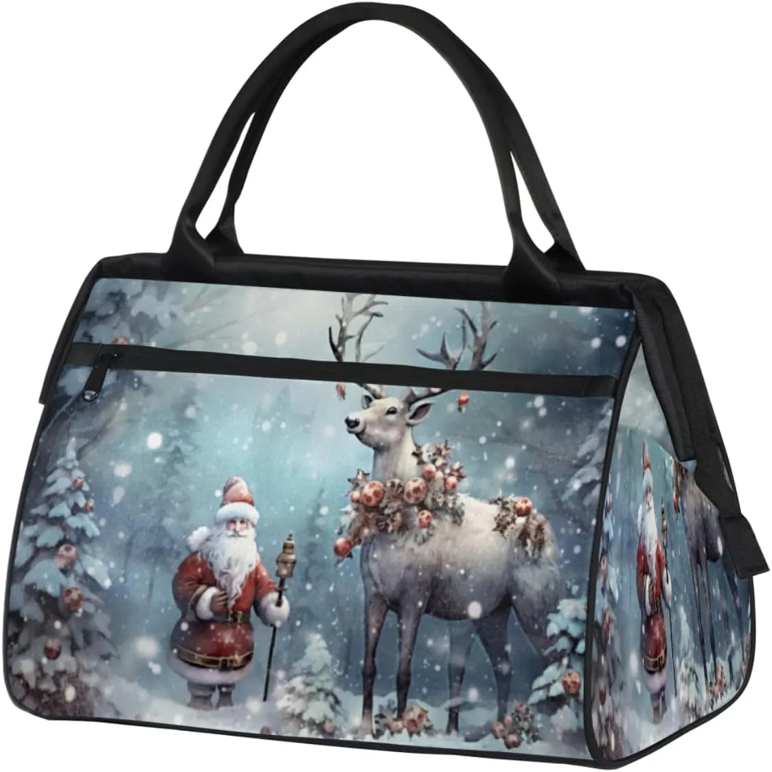 Winte Snowflakes Santa Claus Reindeer Gym Bag for Women Men, Travel Sports Duffel Bag with Trolley Sleeve, Waterproof Sports Gym Bag Weekender Overnight Bag Carry On Tote Bag for Travel Gym Sport
