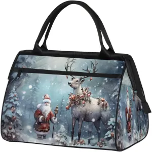 Winte Snowflakes Santa Claus Reindeer Gym Bag for Women Men, Travel Sports Duffel Bag with Trolley Sleeve, Waterproof Sports Gym Bag Weekender Overnight Bag Carry On Tote Bag for Travel Gym Sport