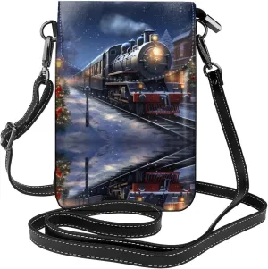 Winter Christmas Snow Night Railway Train Prints Leather Crossbody Flap Phone Bag - Versatile Gift for Women Walking, Camping, Shopping, and Travel