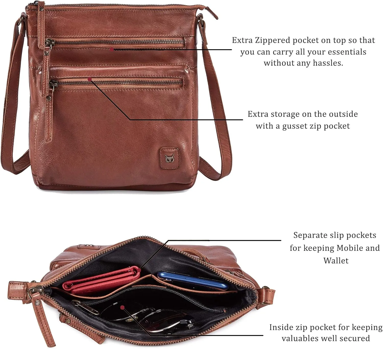 Wise Owl Accessories Small Crossbody Bags for Women Real Leather Purse Handbags Crossover Over the Shoulder Pocketbook