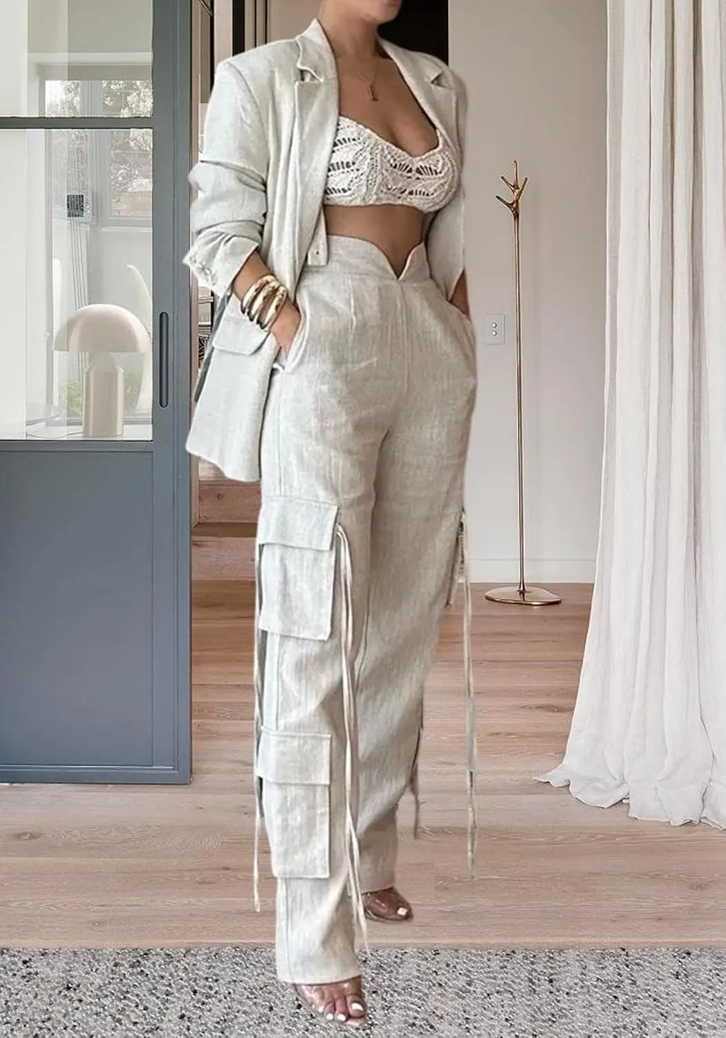 Women Fall Blazer Set 2 Piece Business Outfit Long Sleeve Blazer Jacket and Straight Wide Leg Pant Suit Sets