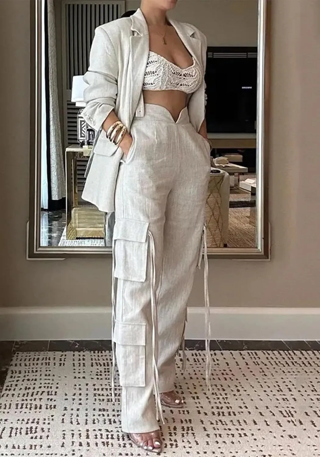 Women Fall Blazer Set 2 Piece Business Outfit Long Sleeve Blazer Jacket and Straight Wide Leg Pant Suit Sets