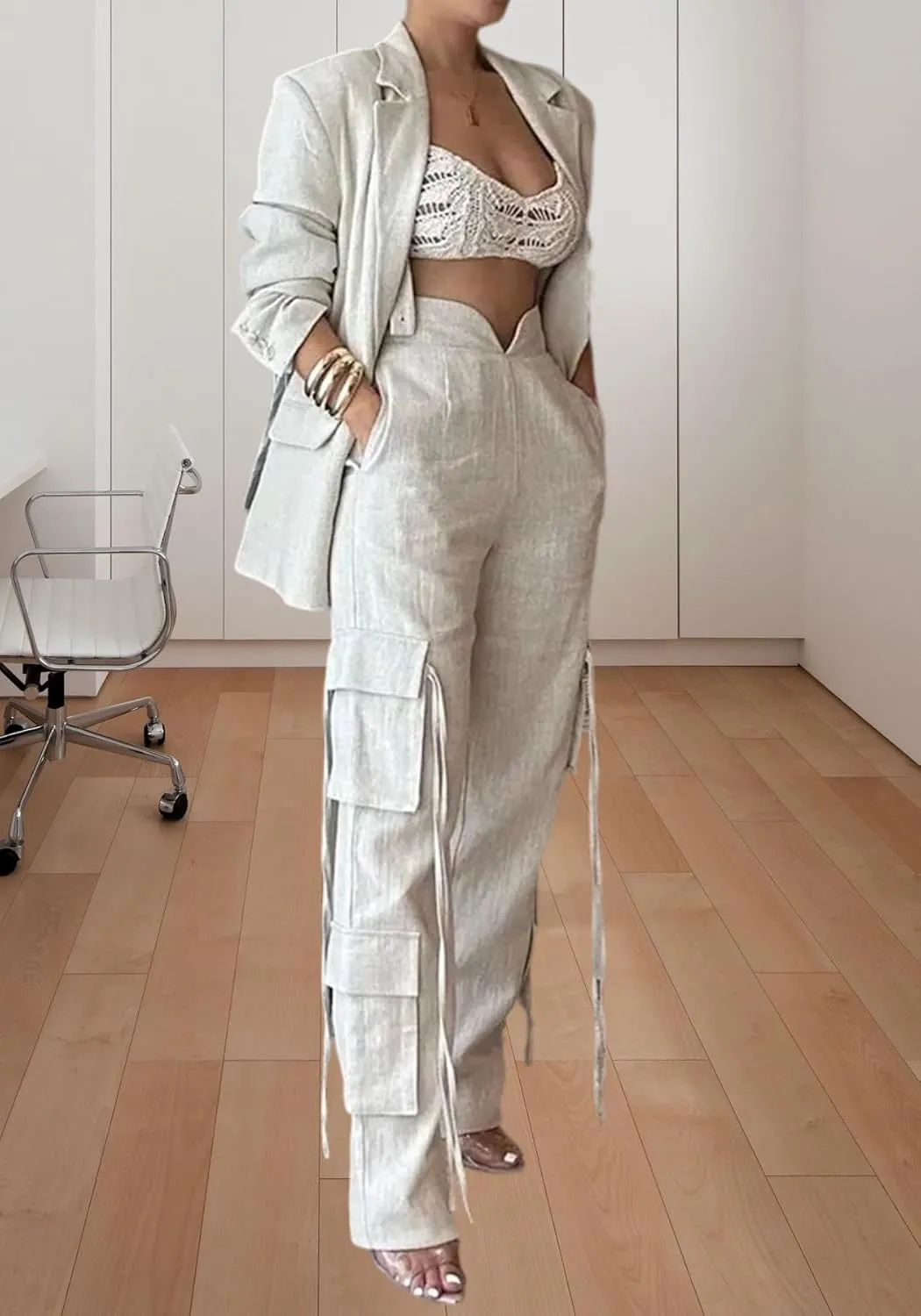 Women Fall Blazer Set 2 Piece Business Outfit Long Sleeve Blazer Jacket and Straight Wide Leg Pant Suit Sets