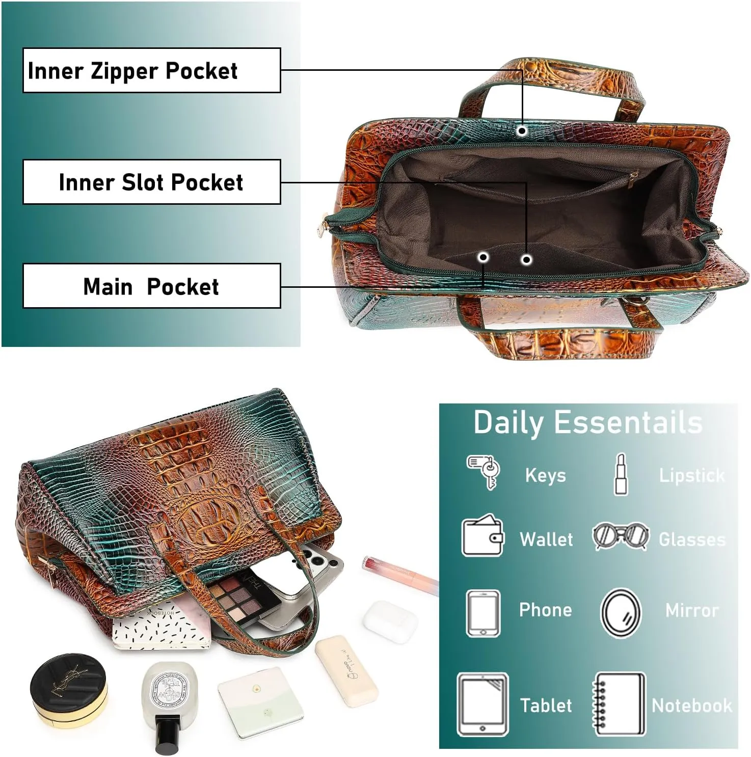 Women Fashion Crocodile Print Handbag Shoulder Satchel Top Handle Crossbody Bag