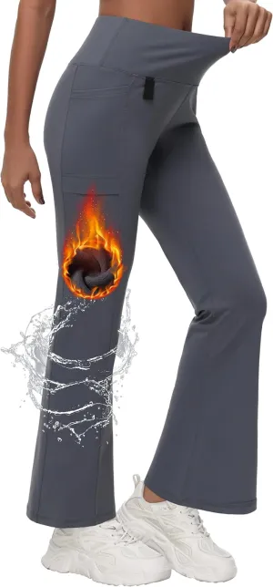 Women's Fleece Lined Flare Leggings Winter Warm Water Resistant Pants Outdoor Hiking Thermal Scrub Snow Travel Bootcut Pant