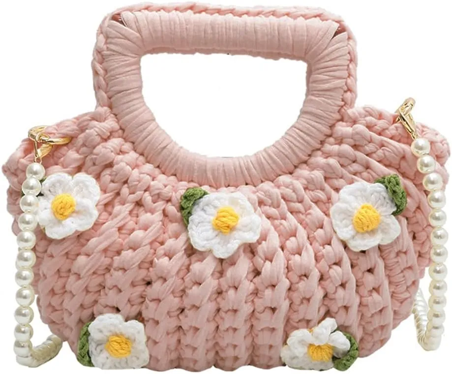 Women's Handmade Purses Tote Bag Cotton Thread Crochet Crossbody Shoulder Bag DIY Knit Woven Handbag Shell Clutch