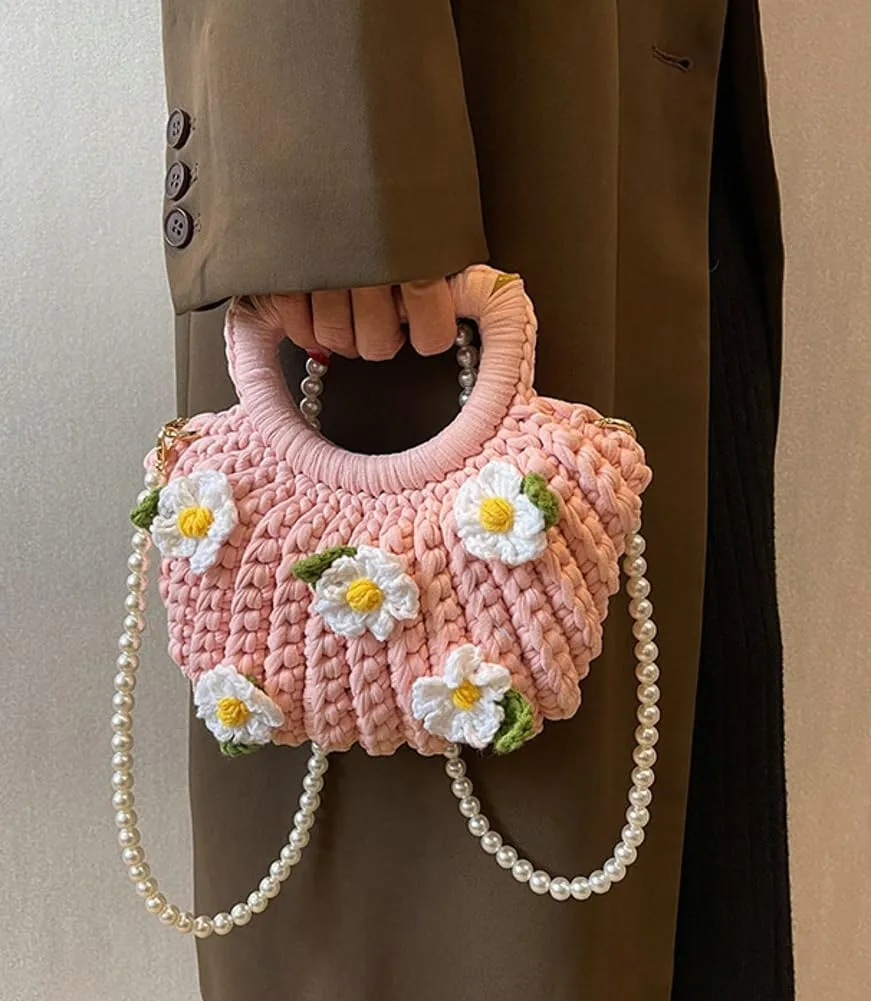 Women's Handmade Purses Tote Bag Cotton Thread Crochet Crossbody Shoulder Bag DIY Knit Woven Handbag Shell Clutch