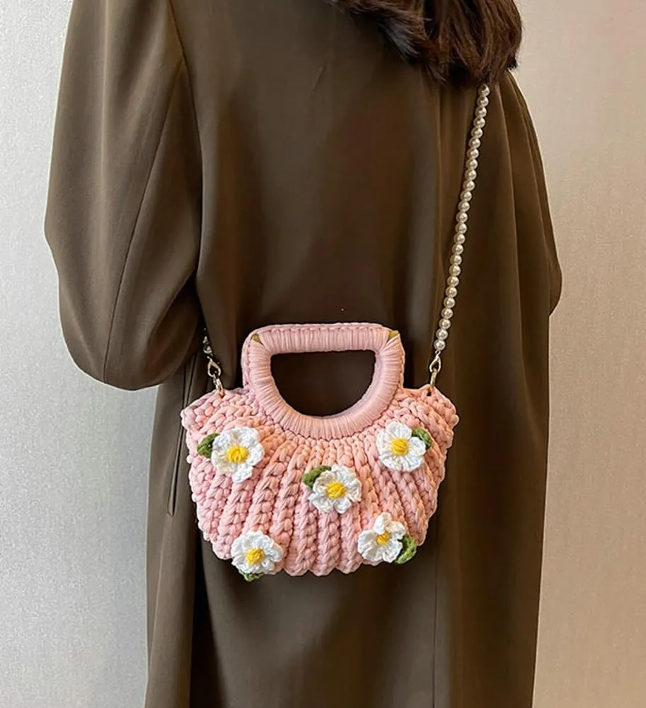Women's Handmade Purses Tote Bag Cotton Thread Crochet Crossbody Shoulder Bag DIY Knit Woven Handbag Shell Clutch