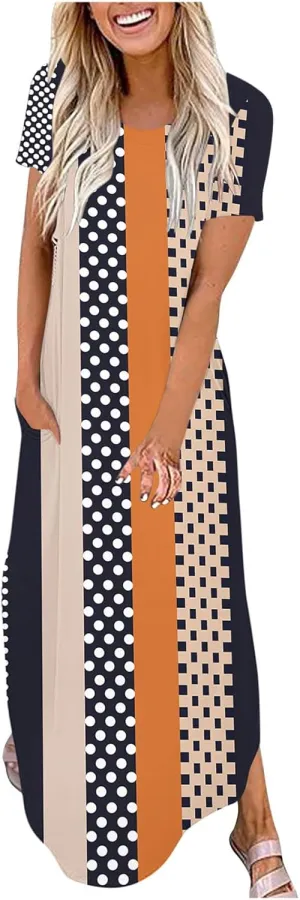 Womens Short Sleeve Trendy Maxi Dresses Boho Floral Print Dresses A Line Casual Comfortable Sundress