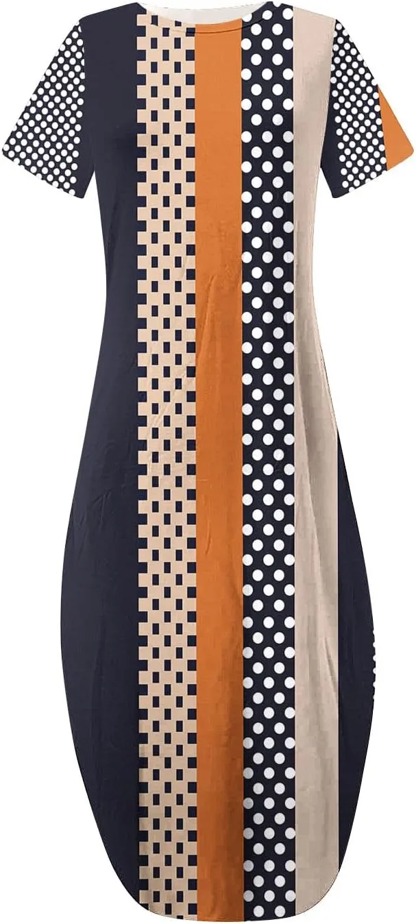 Womens Short Sleeve Trendy Maxi Dresses Boho Floral Print Dresses A Line Casual Comfortable Sundress
