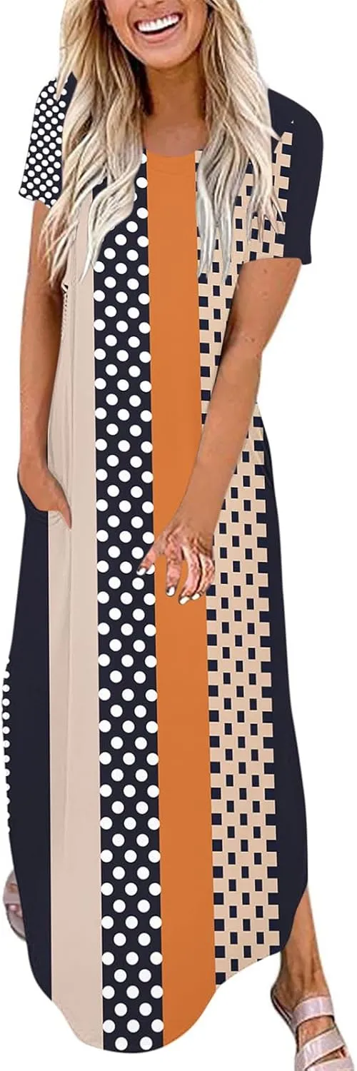 Womens Short Sleeve Trendy Maxi Dresses Boho Floral Print Dresses A Line Casual Comfortable Sundress
