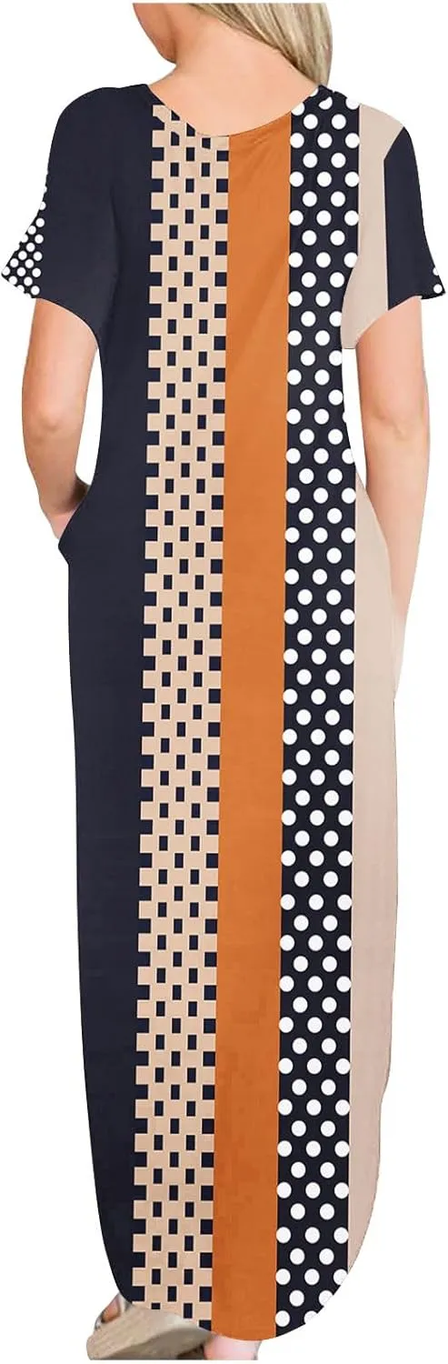 Womens Short Sleeve Trendy Maxi Dresses Boho Floral Print Dresses A Line Casual Comfortable Sundress