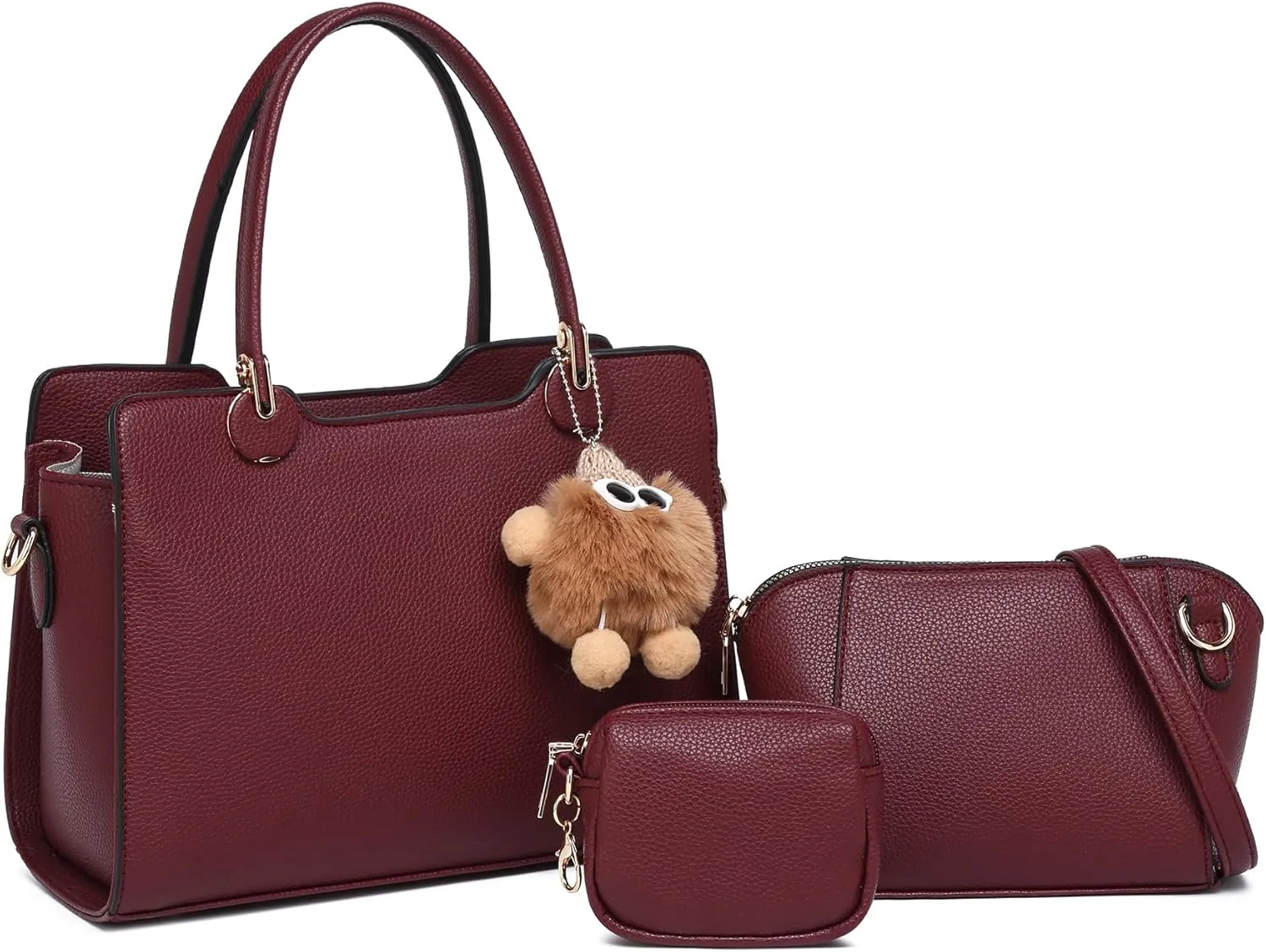 Women's Top Handle Bag Fashion Leather Handbags Purses Ladies Shoulder Bag with Pompom Satchel Purse Set 3pcs