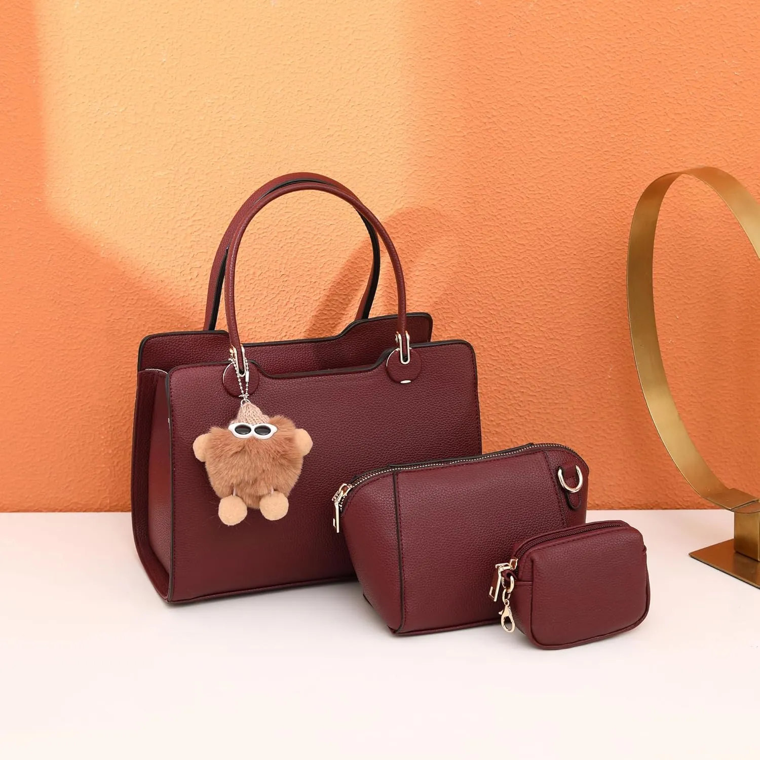 Women's Top Handle Bag Fashion Leather Handbags Purses Ladies Shoulder Bag with Pompom Satchel Purse Set 3pcs